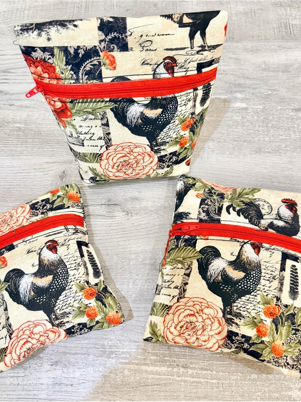 Bundle of 3 Handmade Rooster Print Zipper Pouches - Red Accent